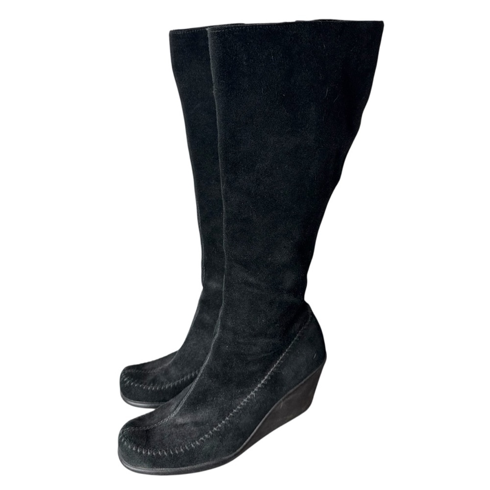AEROSOLES Black Suede Gather Round Knee High Wedge Boots Inner Zipper Size 9.5